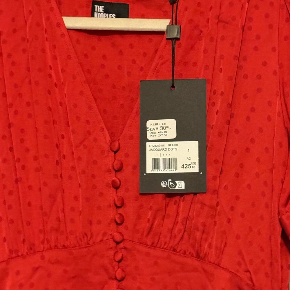 The Kooples Red Puff Sleeve V-Neck Midi Dress - Picture 6 of 8